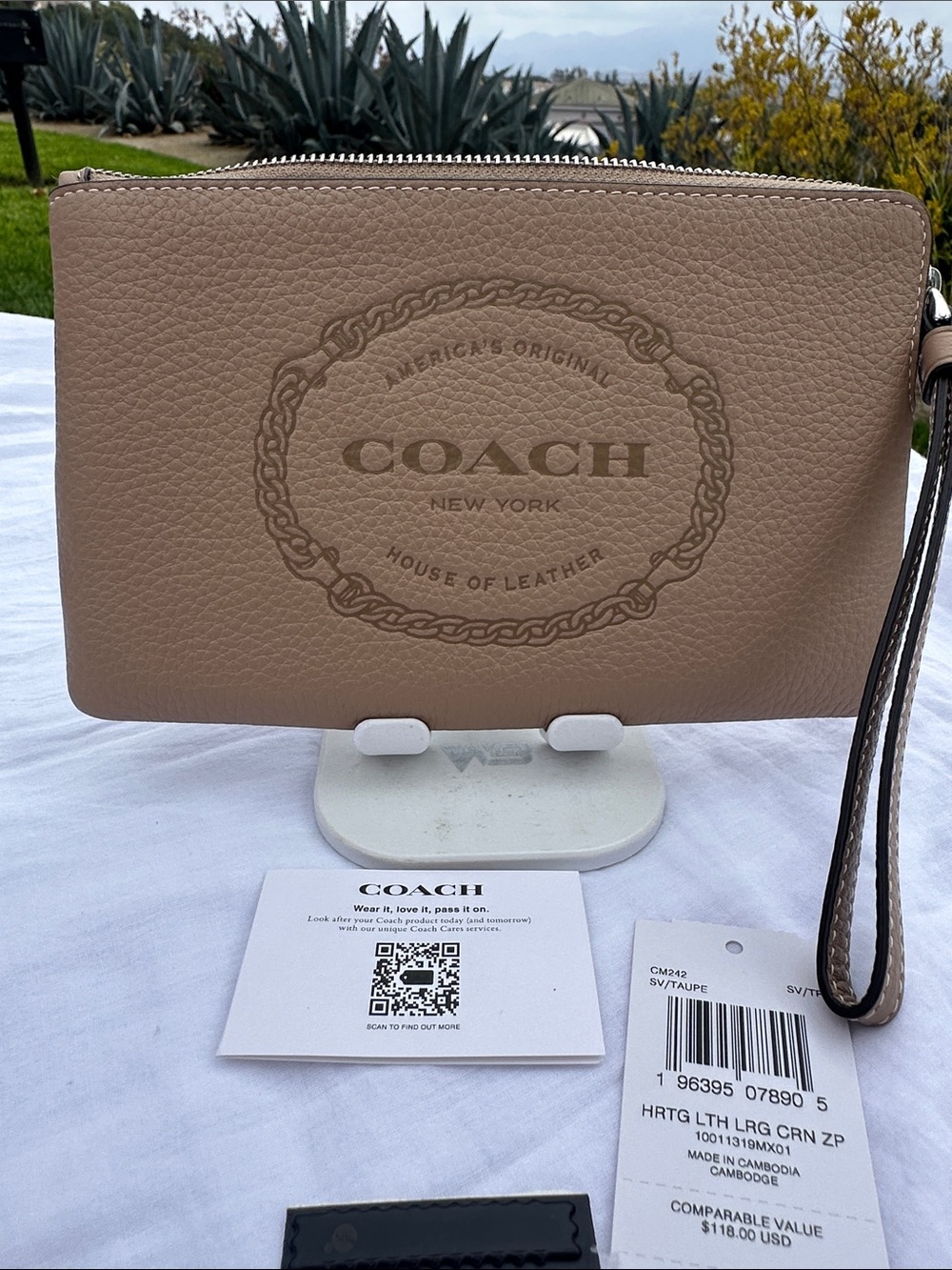 Coach Taupe Leather Large Zip Wristlet with Embossed Logo